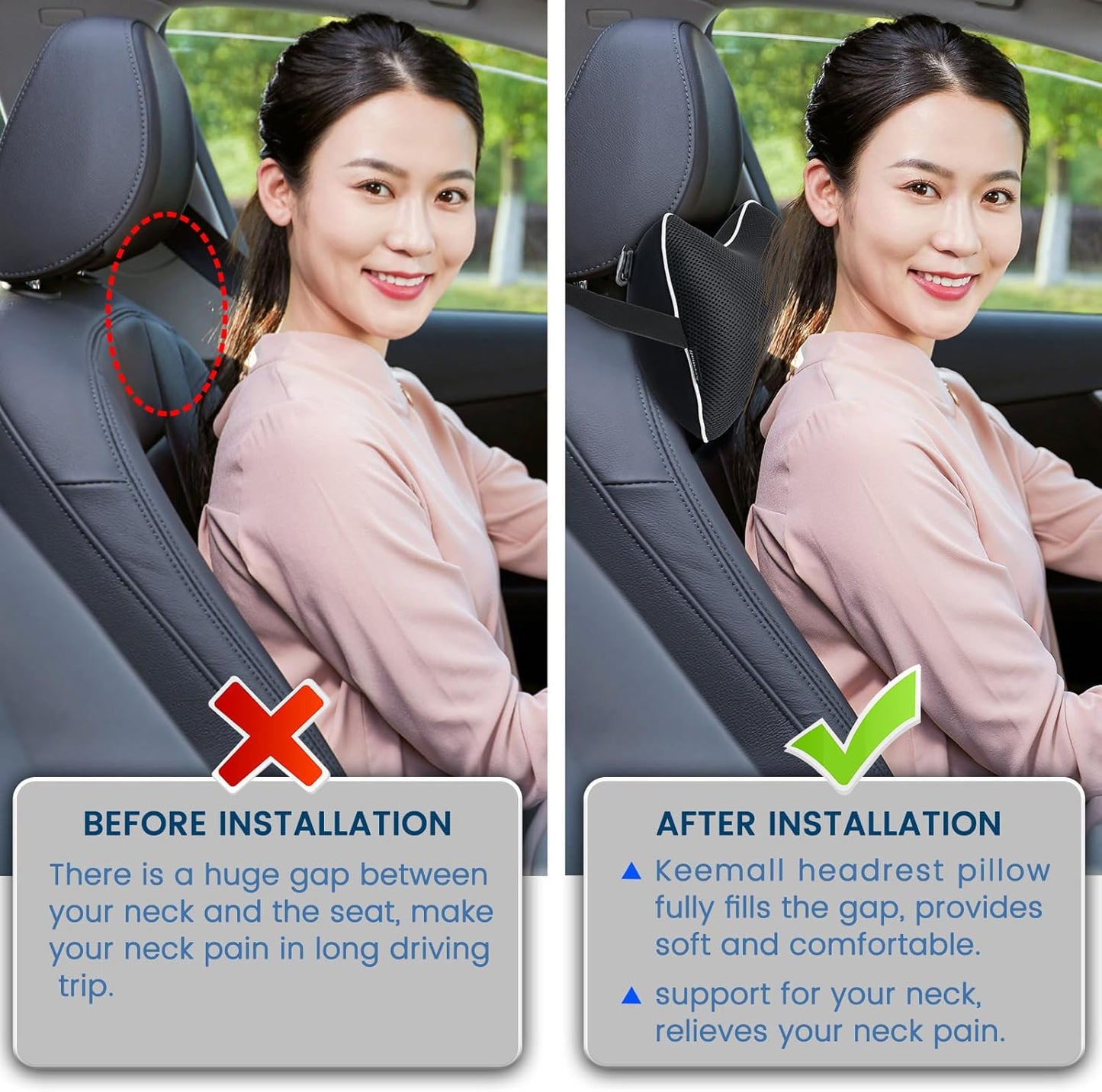 Inflatable Car Neck Pillow - 2 Pack Soft Headrest Car Pillow for Driving Seat with Adjustable Strap, Comfortable Ergonomic Design Neck Support and Breathable Washable Cover