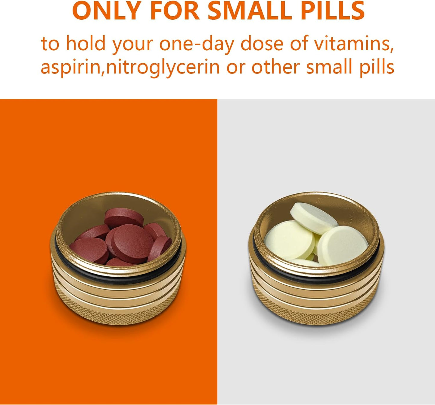 Small Pill Box, Portable Daily Box, Aluminium Alloy Round Container for Pills, Pocket Case (Gold)