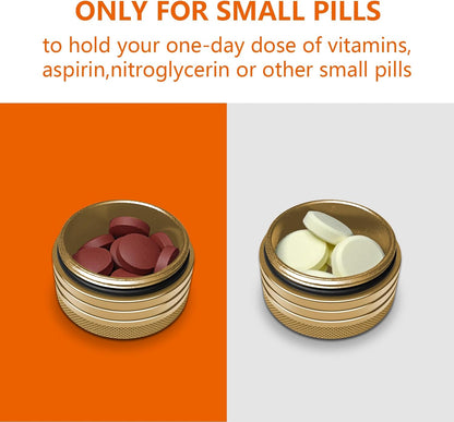 Small Pill Box, Portable Daily Box, Aluminium Alloy Round Container for Pills, Pocket Case (Gold)