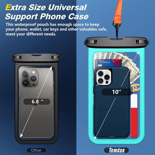 Temdan 2 Pcs Waterproof Phone Pouch, [Up to 10" Large] Universal IPX8 Waterproof Cell Phone Case Dry Bag with Lanyard for iPhone 16 Pro Max/16E/15/14/13,Galaxy S25 Ultra/S24/S23 for Vacation -Green