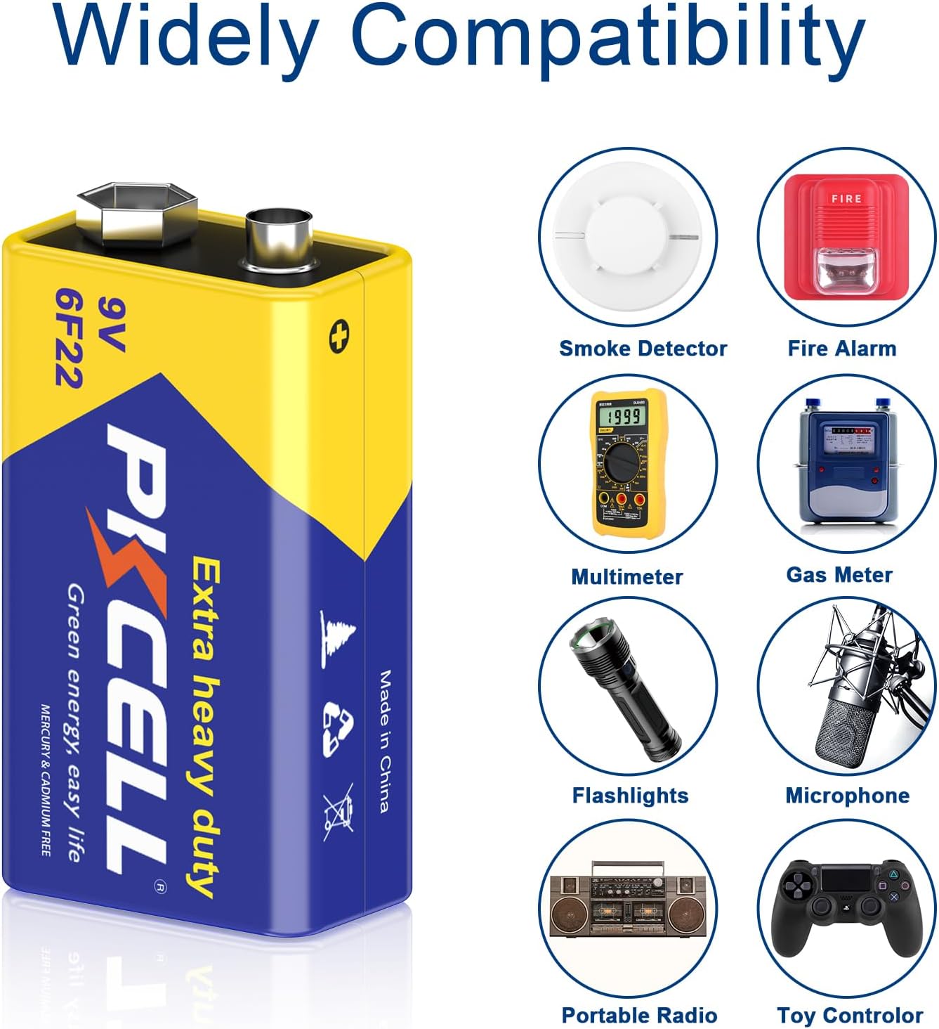 PKCELL 9V Battery Carbon Zinc for Smoke Detectors 6F22 Battery, 10-Year Shelf Life，Ultra Long-Lasting(16PCS)