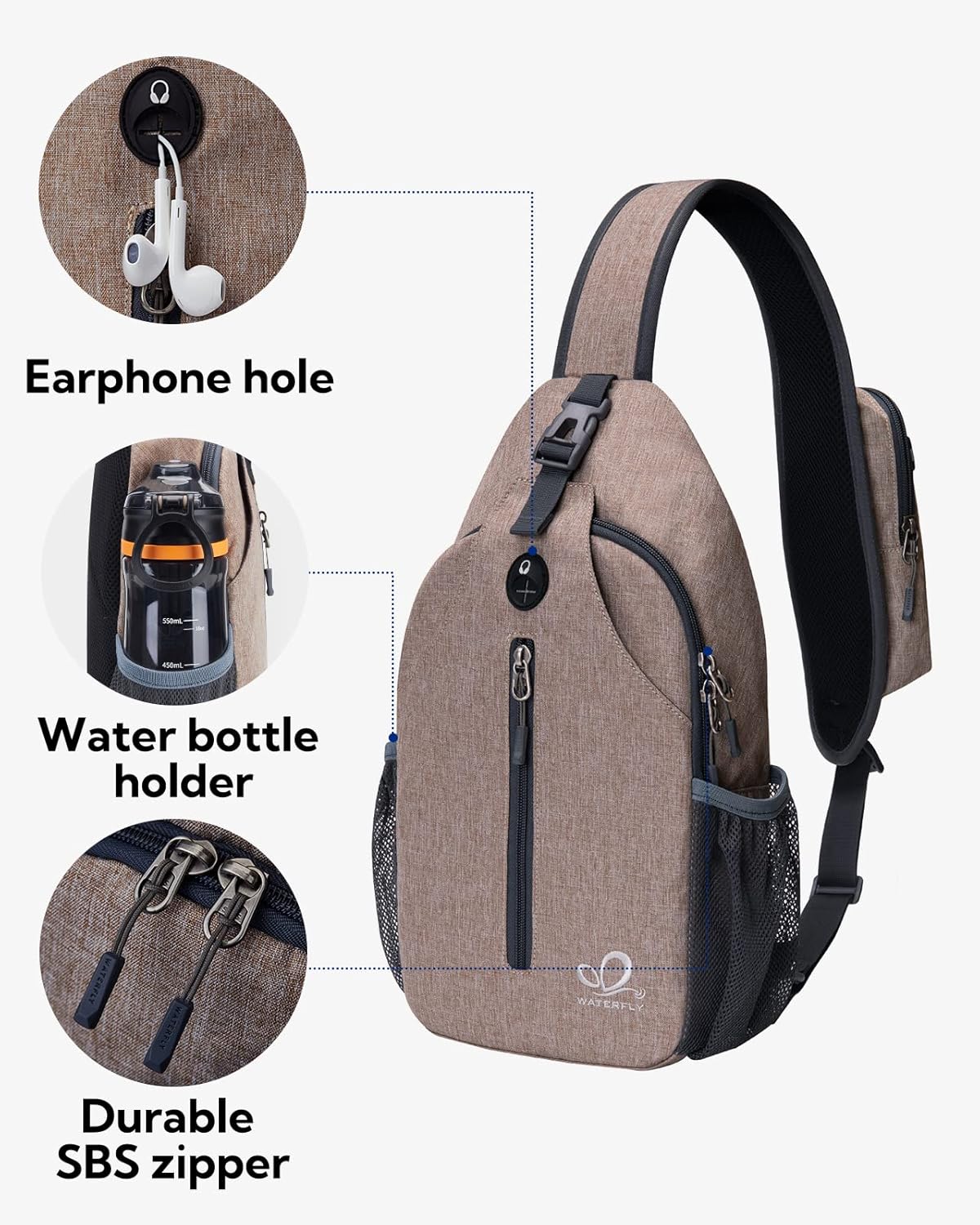 WATERFLY Crossbody Sling Backpack Sling Bag Travel Hiking Chest Bags Daypack (Flaxen)