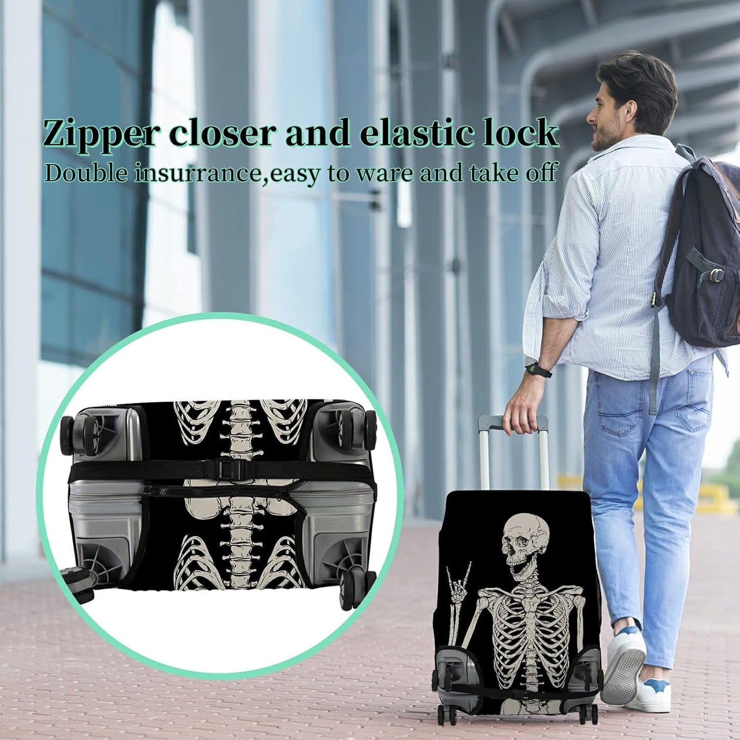 Luggage Cover Suitcase Protector Plus 1 Luggage Tag, Rock Skull Travel Suitcase Cover Suitable for 26-28 inch Luggage (L) with Concealed Zipper Washable Elastic Cloth Dustproof Anti-Scratch