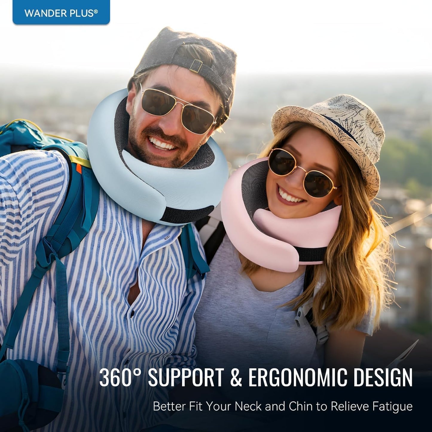 WANDER PLUS® Travel Neck Pillow, Memory Foam Neck Pillow for Airplanes, Comfortable Breathable Cover, 360 Degree Support Ergonomic Design Best for Sleeping Plane Train Travel Essentials Max Sky Blue