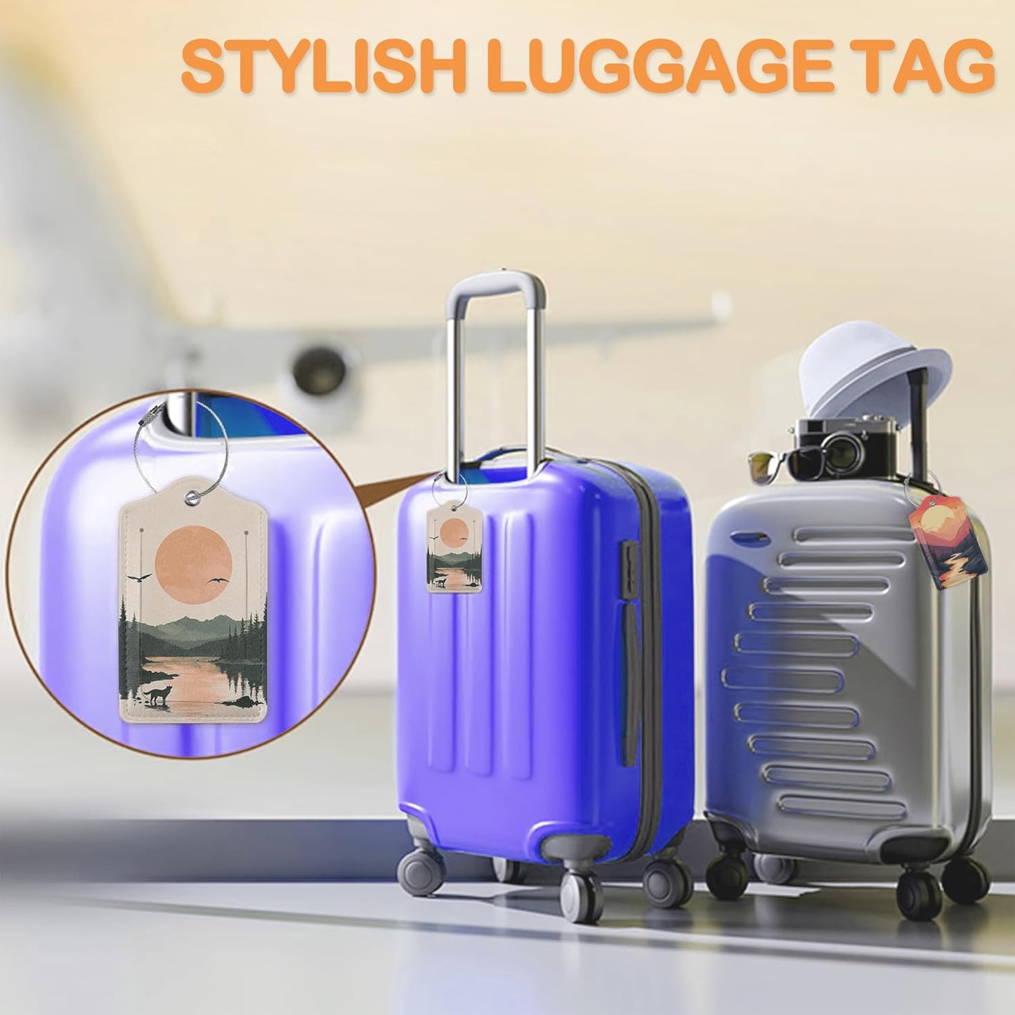 Vintage Mountain Flow 3 Pack Luggage Tags for Suitcases, Sunset Range PU Leather Luggage Tag for Travel, Bag Tags with Privacy Name ID Card and Steel Loop for Women Men