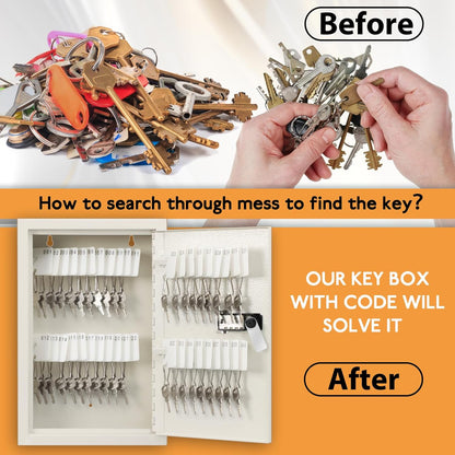 KYODOLED Key Storage Lock Box with Code, 40 Key Holder Wall Mount Cabinet with Combination Lock, Key Hooks & Tags Labels, 2.5" D x 8.1" W x 12.1" H, White