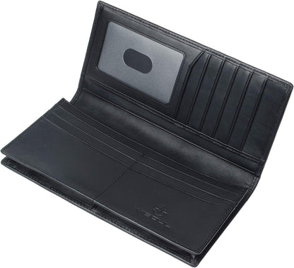 VISOUL Mens Leather Long Checkbook Bifold Wallets with RFID Blocking, Breast Pocket Tall Billfold Secretary Wallet for Men with Card Slots (Black)