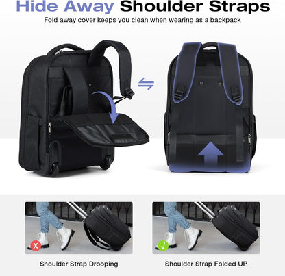Rolling Backpack for Adults,18 Inch Waterproof Carry-on Back pack with Wheels, Wheeled Carry-on Luggage, Travel Bag for Men Women， Trolley Laptop Backpacks, Black Large
