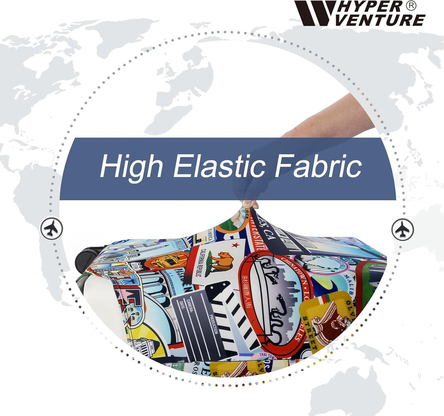HYPER VENTURE Washable Luggage Cover - Fashion Suitcase Protector Fits 23-26 Inch Luggage (Travel Location, M)