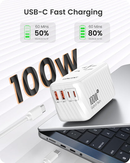 LENCENT Universal Travel Adapter, 100W GaN International Fast Charger with 2 PD3.0 Type C+2 QC USB A, Worldwide Power Adaptor for Phones,Laptops, All in One Travel Essentials for EU/USA/UK/AU, White