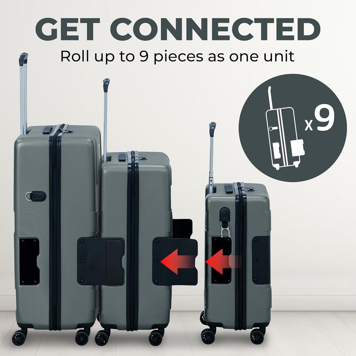 Tach V3.1 Hard Shell 3 Piece Luggage Set - 20, 24 & 28 inch Luggage | Carry On, Medium & Large Checked Suitcases | Patented Built-In Connecting System | Rolling Suitcase Links 6 Bags (Grey)