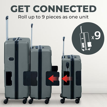 Tach V3.1 Hard Shell 3 Piece Luggage Set - 20, 24 & 28 inch Luggage | Carry On, Medium & Large Checked Suitcases | Patented Built-In Connecting System | Rolling Suitcase Links 6 Bags (Grey)