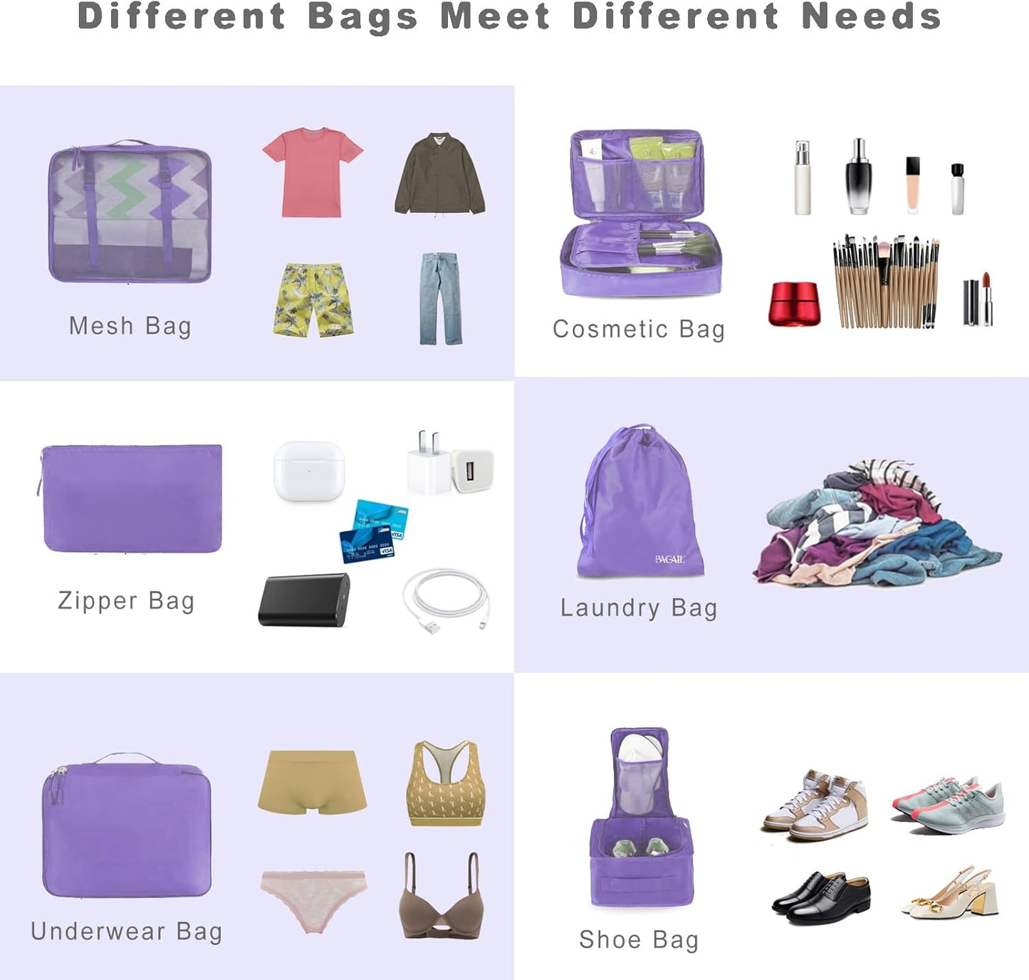 BAGAIL 8 Set Packing Cubes Luggage Packing Organizers for Travel Accessories-Light Purple