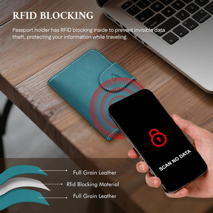 ALLIVE Rfid Passport Holder for Travel, Women & Men, Passport Cover Wallet with AirTag Hidden, Genuine Leather Passport Holder Essential for Business Travel, Airport Security (Lake Blue)
