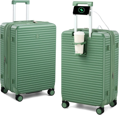 Hard Shell Suitcases Travel Expandable Luggage, 24 Inch Check in Luggage with Spinner Wheels Cup Holder Charger Built in, Checked Medium Suitcase Lightweight Suitcases, Forest Green