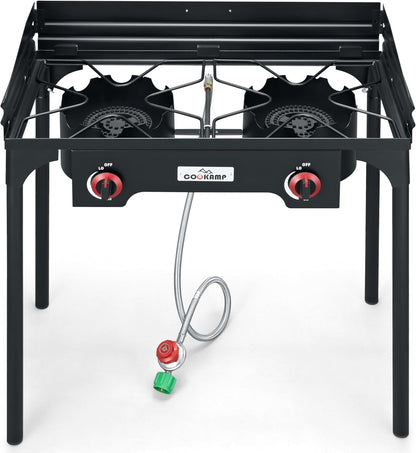 High Pressure Double Propane Burner With Windscreen Outdoor Camping Stove with 0-20 PSI Adjustable Regulator and Steel Braided Hose SA2510 (Two Burner Stove With Windscreen)
