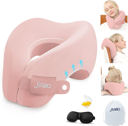 Neck Pillow Airplane, Ergonomic Memory Foam Travel Pillows for Long Flights, 3D Eye Masks, Ear Plugs and Portable Drawstring Bag, Napping Pillow for Home, Sleep Rest, Family and Travel Use