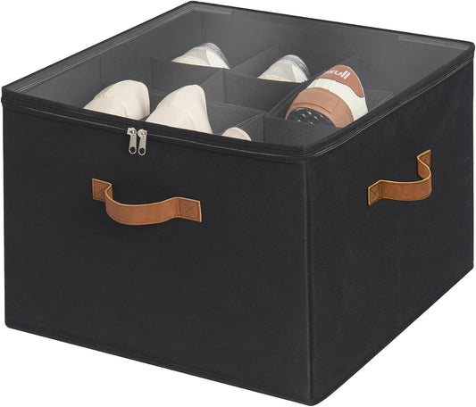StorageWorks Shoe Organizer for Closet, Fits up to 16 Pairs, Shoe Cubby Storage Containers with Adjustable Dividers and Clear Cover, Black