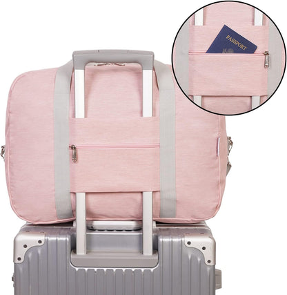 For United Airlines Foldable Carry on Bag 22x14x9 Travel Duffel Bag Packable luggage Duffle for Women and Men 40L (Pink (With Shoulder Strap))