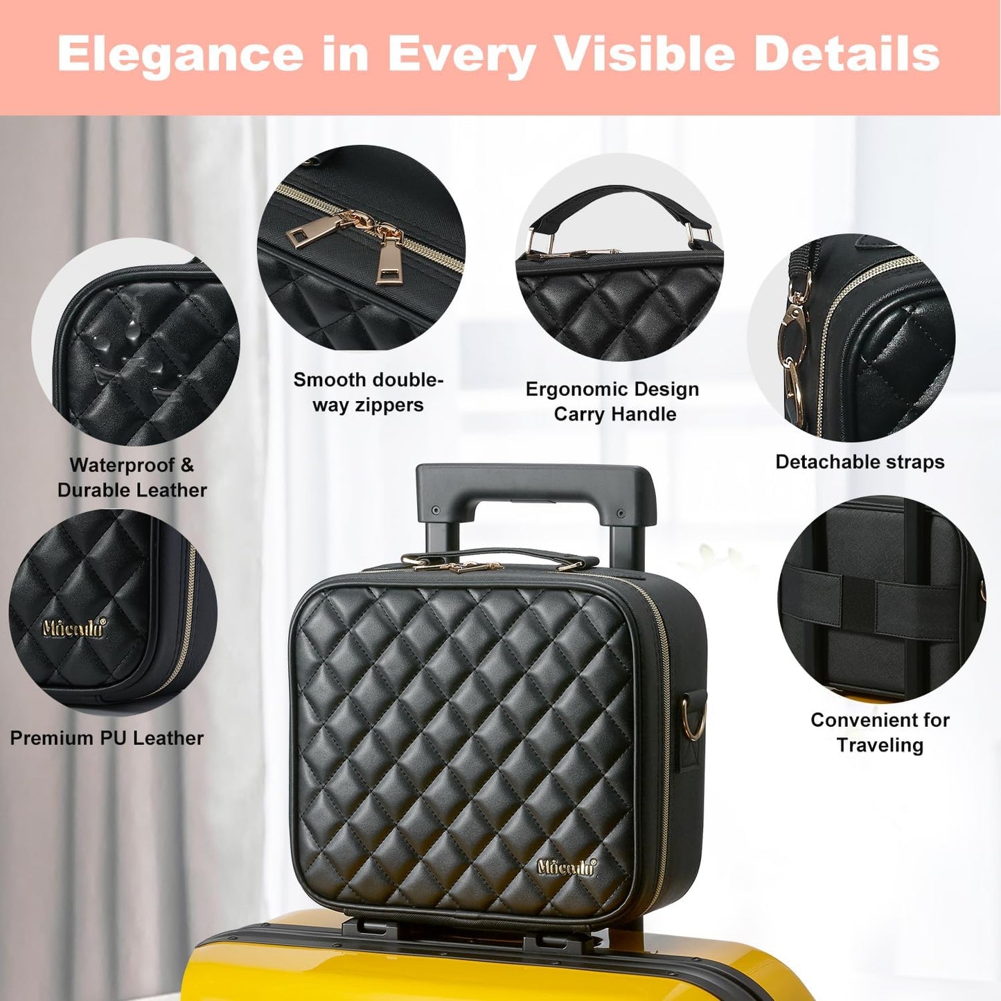 Mocado Travel Makeup Bag with LED Lighted Mirror,Travel Makeup Organizer, Makeup Case with 8 Makeup Brushes and 10x Magnifying Mirror, 3 Color Lighting, Adjustable Divider Makeup Box(Black Lozenge)
