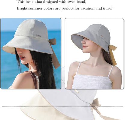 Wide Brim Hats for Woman Foldable Hats Sun Hats for Women uv Protection Bowknot Bucket hat Adjustable hat with Ponytail Hole