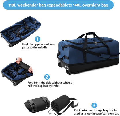 Vomgomfom Wheeled Collapsible Duffel Bag,110L-140L Expandable Checked Luggage, No-Telescopic-Handle with Anti-Burst Zipper & Reinforced Frame,Navy