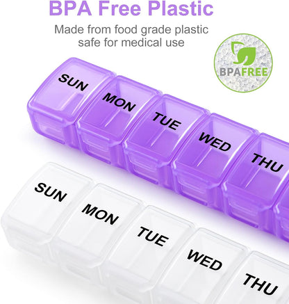 Small Pill Organizer 2 Times a Day, 2 Pack 7 Day Pill Box 1 Time a Day, Travel Friendly Day Night Vitamin Organizer, Weekly Pill Case Container