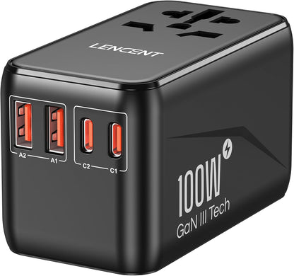 LENCENT Universal Travel Adapter, 100W GaN3 International Adaptor with 2 QC4.0 USB-A+2 PD3.0 Type-C PPS Fast Charging, Worldwide Wall Charger for iPhone,Samsung,Laptop, Plug Adapter USA/UK/EU/AU Black
