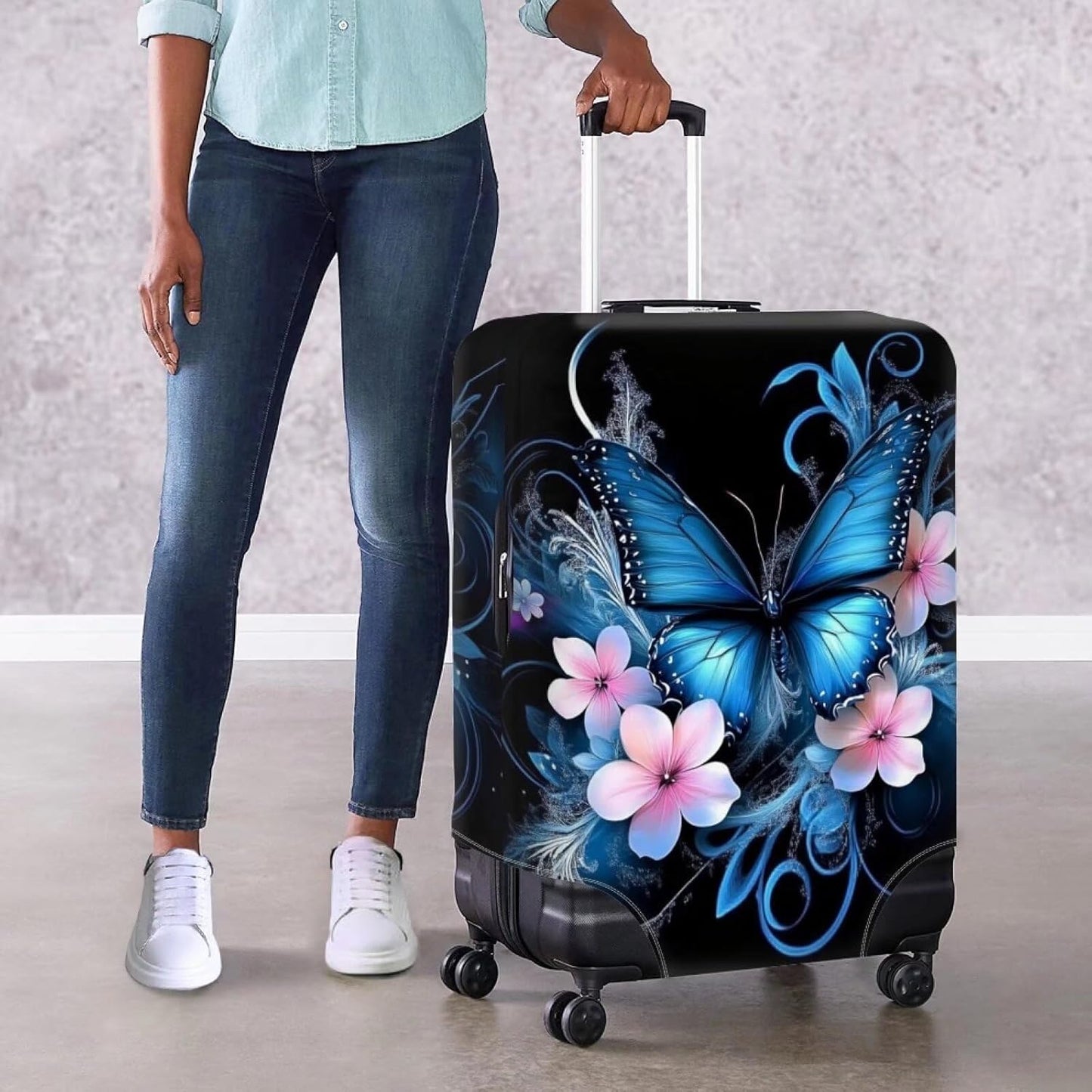 Butterfly Luggage Covers for Suitcase Universal Fits 18-32 Inch Suitcase Travel Luggage Cover Anti-Scratch Suitcase Protector Flower Print Suitcase Cover Travel Essential with Zip, Black