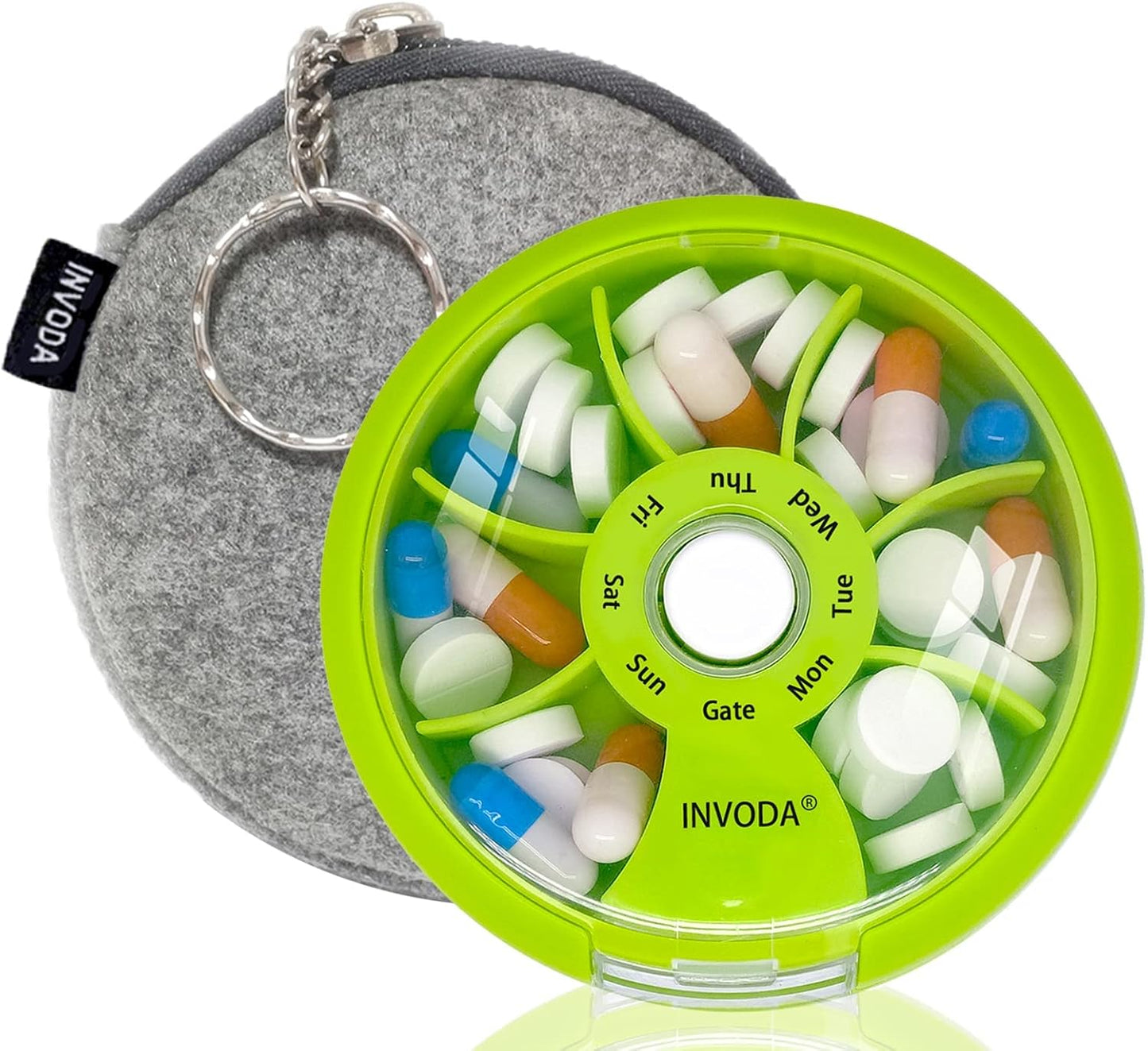 INVODA Weekly Pill Organizer 7 Compartment Rotating Pill Box for Daily Medication & Vitamins - Portable Travel Pill Case Fish Oil Supplements Vitamins Organizer (Green+Bag)
