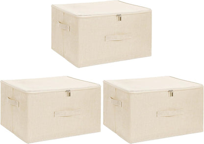 ANMINY 3PCS Storage Bins with Zipper Lids 51.9 Qt Lidded Fabric Storage Boxes Baskets Cubes with Handles Collapsible Washable Cotton Linen Closet Shelf Clothes Organizer - Beige, Extra Large