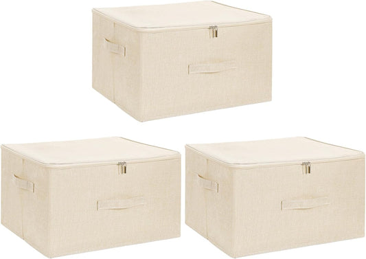 ANMINY 3PCS Storage Bins with Zipper Lids 51.9 Qt Lidded Fabric Storage Boxes Baskets Cubes with Handles Collapsible Washable Cotton Linen Closet Shelf Clothes Organizer - Beige, Extra Large