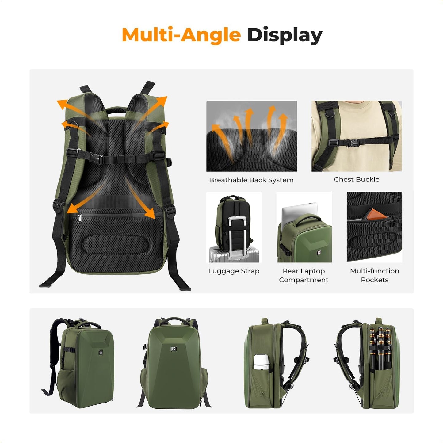 K&F Concept Camera Backpack,Hardshell Photography DSLR Camera Bag with 15-15.6 Inch Laptop Compartment Waterproof Hard Shell Camera Case Compatible with Canon/Nikon/Sony/DJI Mavic Drone