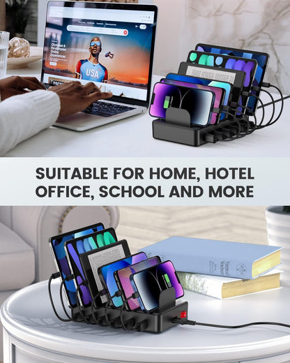 CREATIVE DESIGN 50W 6 Ports Multi Charger Station with 6 Charging Cables, USB Charging Dock for Multiple Devices, Compatible with Cellphone iPad Kindle Tablet and Other Electronic Devices