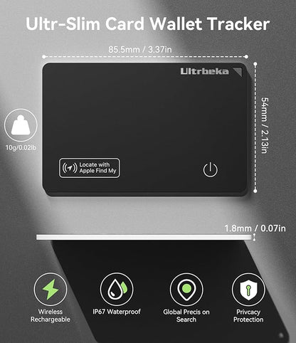 Ultra-Thin Air Tag Wallet Tracker Card 0.07in IP68 Waterproof Bluetooth Tracker for Wallets, Passport, Work with Apple Find My, Wireless Charging, Anti-Loss Card Locator [Apple MFi Certified] iOS Only
