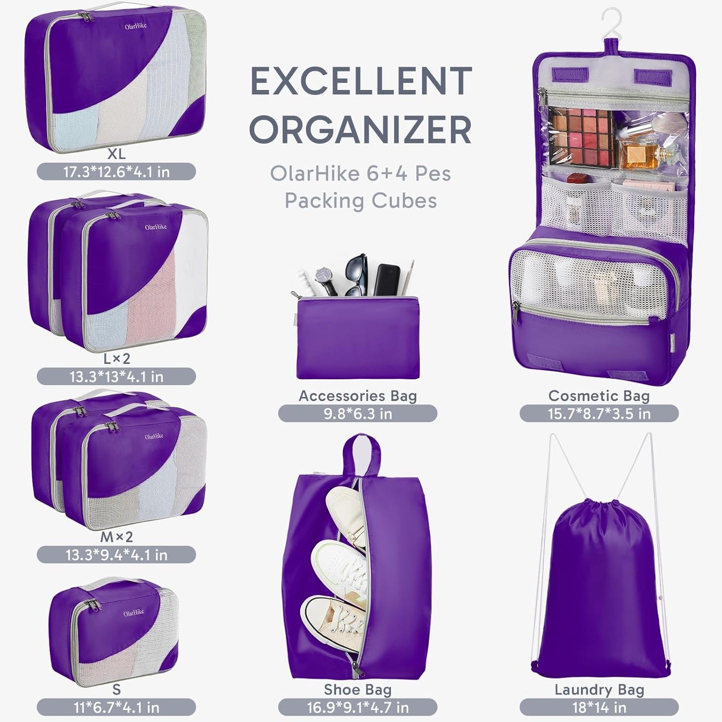 ALL INCLUDED 10 Set Durable Packing Cubes for Suitcases,OlarHike Essentials for Travel, UPGRADED Anti-Tear Stitching, NEW Improved Luggage Packing Organizers for Travel Accessories (Purple)