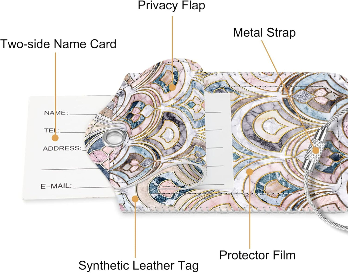 Fintie Luggage Tags, Privacy Cover ID Label with Stainless Steel Loop and Address Card for Travel Bag Suitcase - Marble Tiles (2 Piece)
