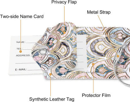 Fintie Luggage Tags, Privacy Cover ID Label with Stainless Steel Loop and Address Card for Travel Bag Suitcase - Marble Tiles (2 Piece)