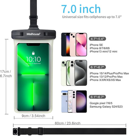 wellhouse Waterproof Phone Pouch, Waterproof Phone Case for iPhone 16 15 14 13 12 Pro Max XS Samsung, IPX8 3D Cellphone Dry Bag Beach Essentials (1 Pack - Luminous Black7.0, 7 inch)