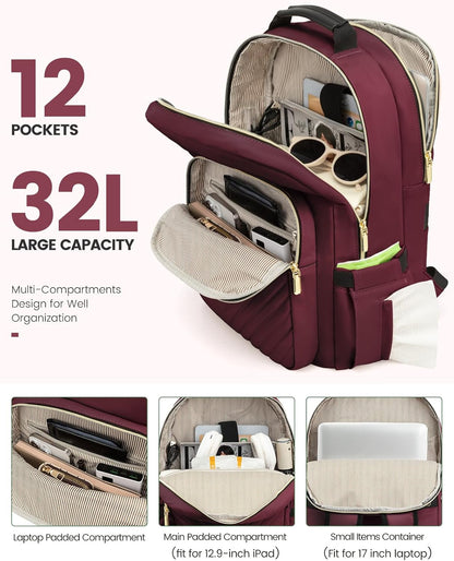 LOVEVOOK Laptop Backpack for Women, Large Travel Computer Work Bag, Business Teacher Nurse College Backpack Purse, Hiking Outdoor Carry On Backpack with 17.3-inch Laptop Compartment, Wine Red