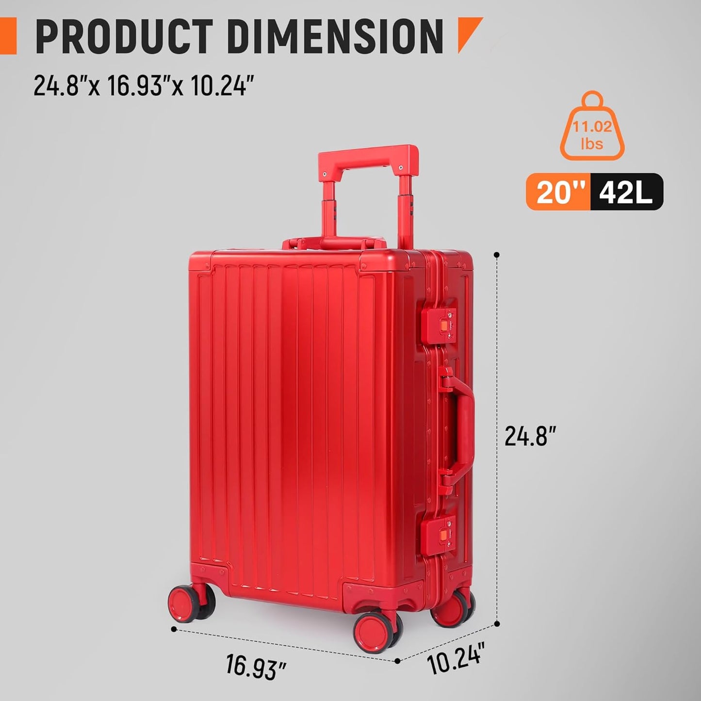 UrbanExplorer All Aluminum Carry On Luggage 22x14x9 Airline Approved Heavy Duty Hard Shell Suitcases Zipperless Suitcase with TSA Lock, Red, 20 Inch