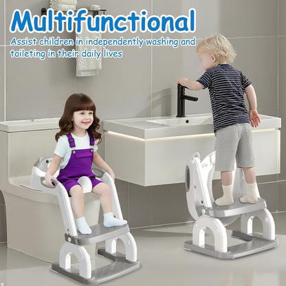 Potty Training Seat for Toddlers - Upgrade 2-in-1 Toilet Seat Toilet Ladder for Kids Children Boys Girls, Anti-Slip Pad & Adjustable Height with Waterproof PVC Cushion - Grey