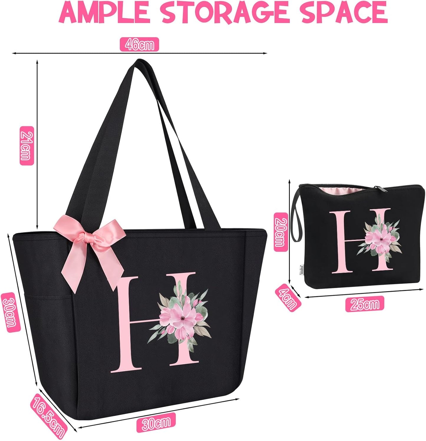 Vavabox Tote Bag, A-Z Initial Monogrammed Waterproof Tote Bag, Bridesmaid Gifts for Women, Black and Pink