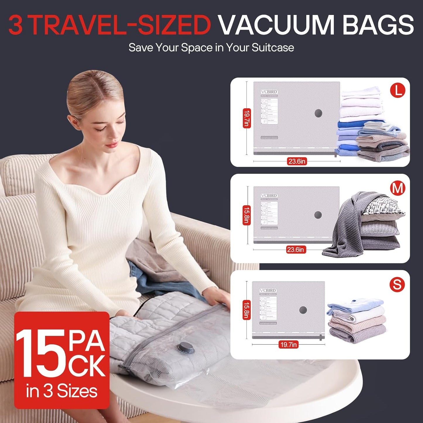 VMstr 15 Pack Travel Vacuum Storage Bags With High Pressure Electric Pump(D/C Power), Compression Sealing for Clothes and Clothing Luggage Suitcase Packing, Carry-on Travel Size