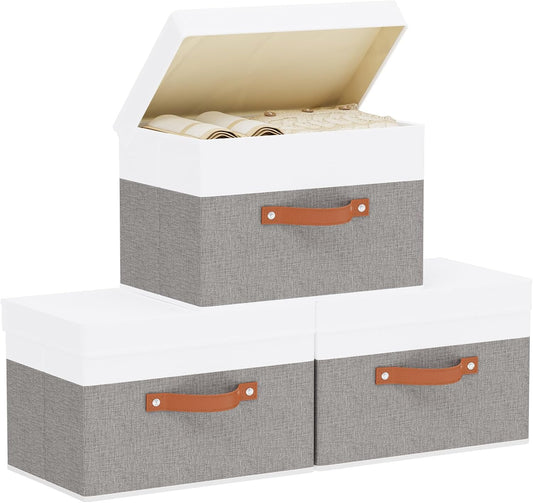 Fabric Storage Bins with Lids, 3 Pack Linen Foldable Cloth Baskets, 15 x 9.8 x 9.8 Inch Closet Organizer Containers with Double Handles, Sweater Boxes for Bedroom, White and Grey