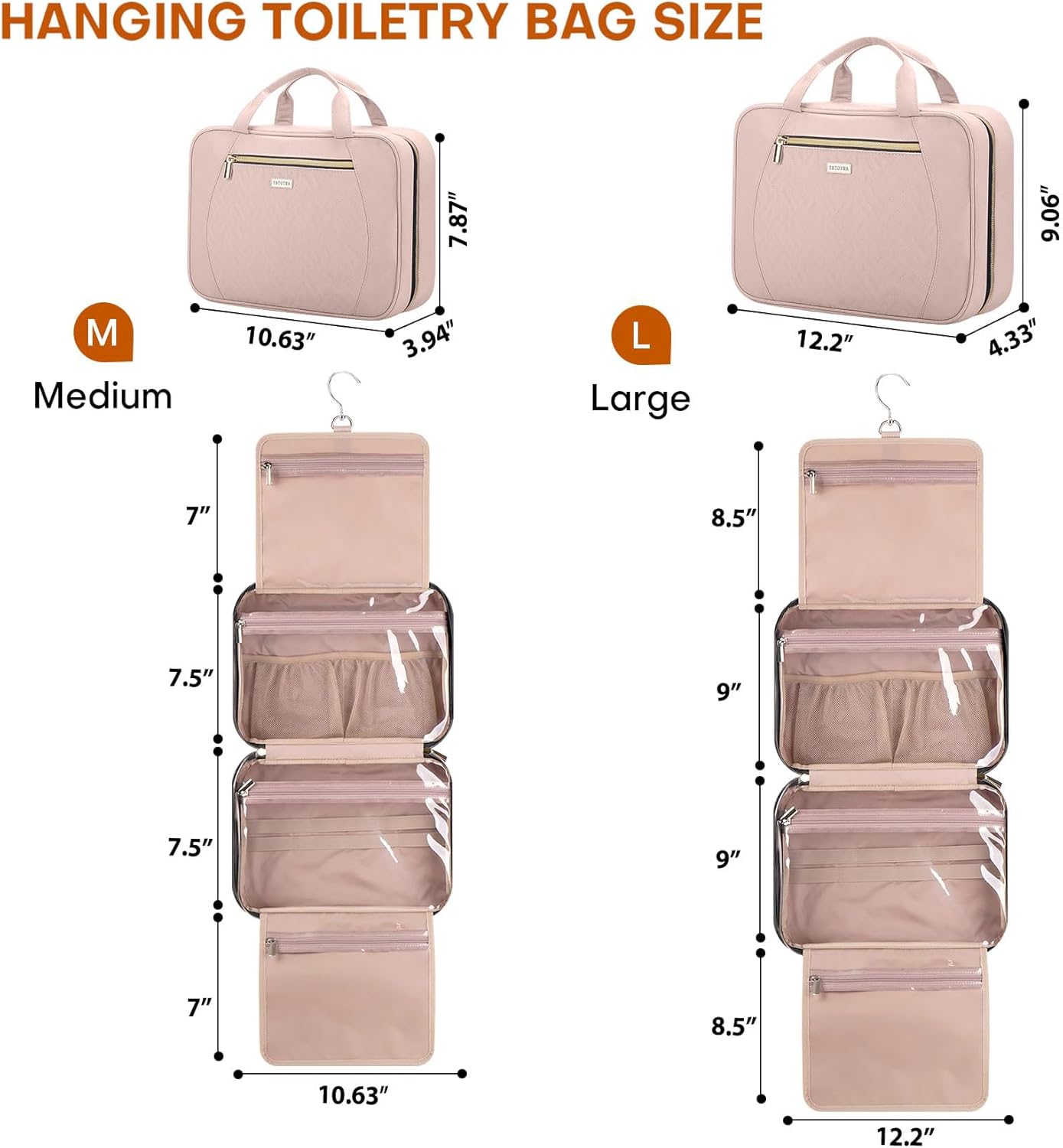 Hanging Toiletry Bag for Women Travel, 2 Sizes Large & Small Waterproof Cosmetic Organizer with 4 Compartments, Rotating Hook, Foldable Pink Travel Bag for Toiletries & Makeup - Medium Pink