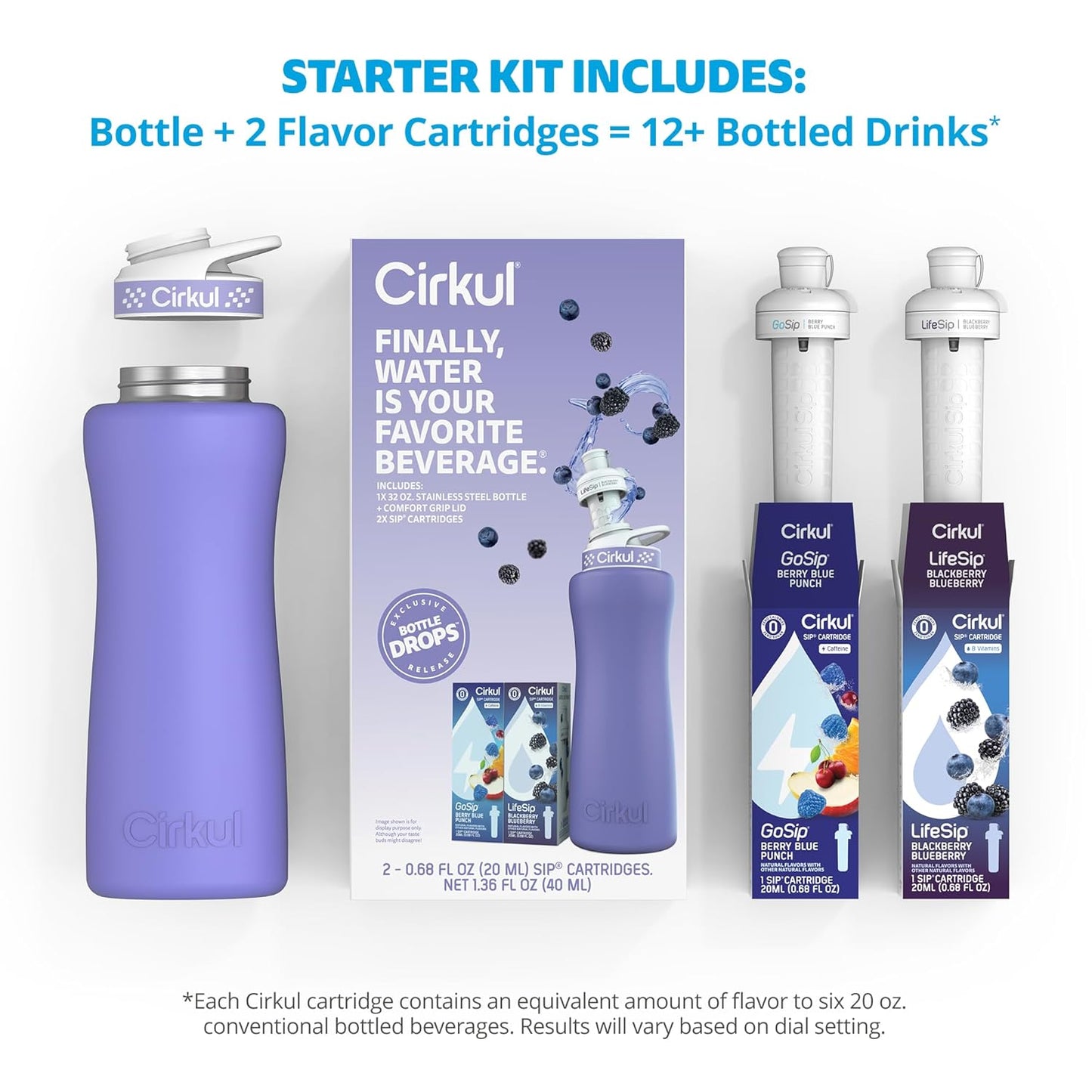 Cirkul 32oz. Matte Periwinkle Stainless Steel Water Bottle Starter Kit with Periwinkle Lid, 2 Flavor Cartridges (1 LifeSip Blackberry Blueberry, 1 GoSip Berry Blue Punch) No Sugar, Zero Calorie Drink Mix