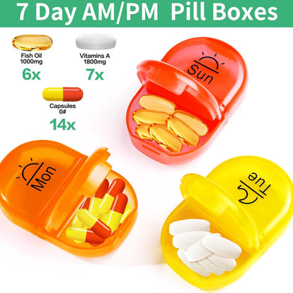 Serfeymi Weekly Travel Pill Organizer 2 Times A Day AM PM Upgraded Rainbow Pill Box 7 Day with Portable Zipper PU Leather Pill Case, Medicine Organizer for Pills, Vitamins, Fish Oils - Floral 03