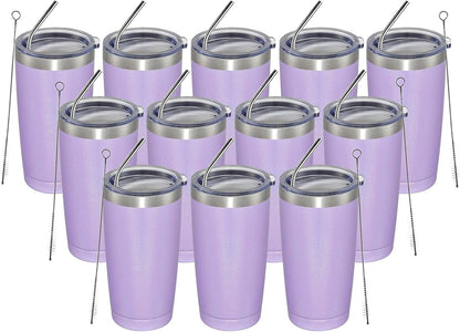 MEWAY 20oz Tumbler 12 Pack Double Wall Vacuum Insulated Travel Glitter Mug Bulk, Stainless Steel Tumblers with Lid and Straw, Powder Coated Coffee Cups for Woman(Rainbow Purple,Set of 12)