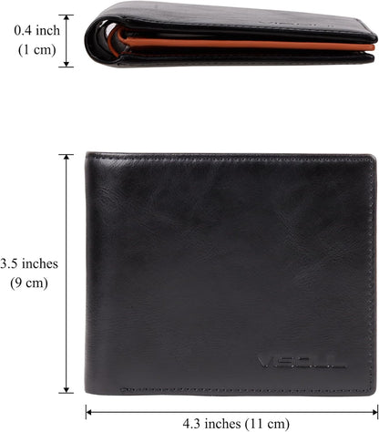 VISOUL Mens Bifold Wallet with 2 ID Windows and 2 Money Compartments, Genuine Leather Designer Wallet with RFID Blocking, Stylish Two-tone Back Wallet for Men (Black and Orange)
